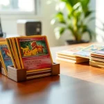 Explore the display of real Pokemon cards showcasing colorful designs and popular characters.